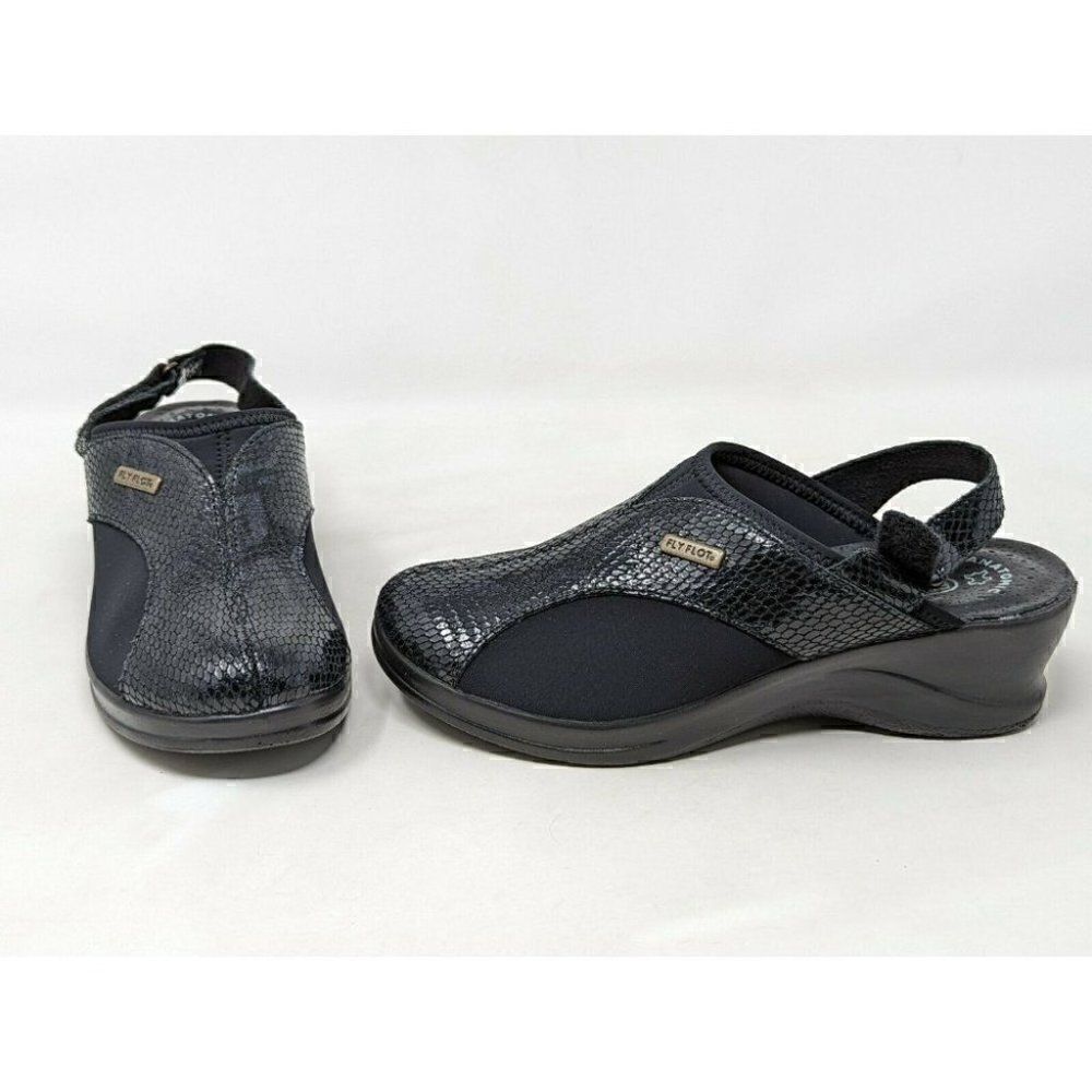 FLY FLOT SANDALS BLACK LEATHER SNAKESKIN BACK STRAP WOMENS SIZE US 6.5 EU 38